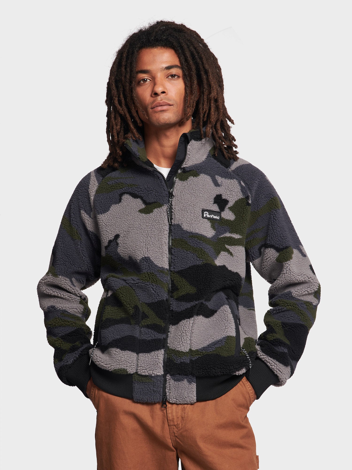 Men's Charcoal Grey Camo Print Outdoors Zip-Through Borg Fleece