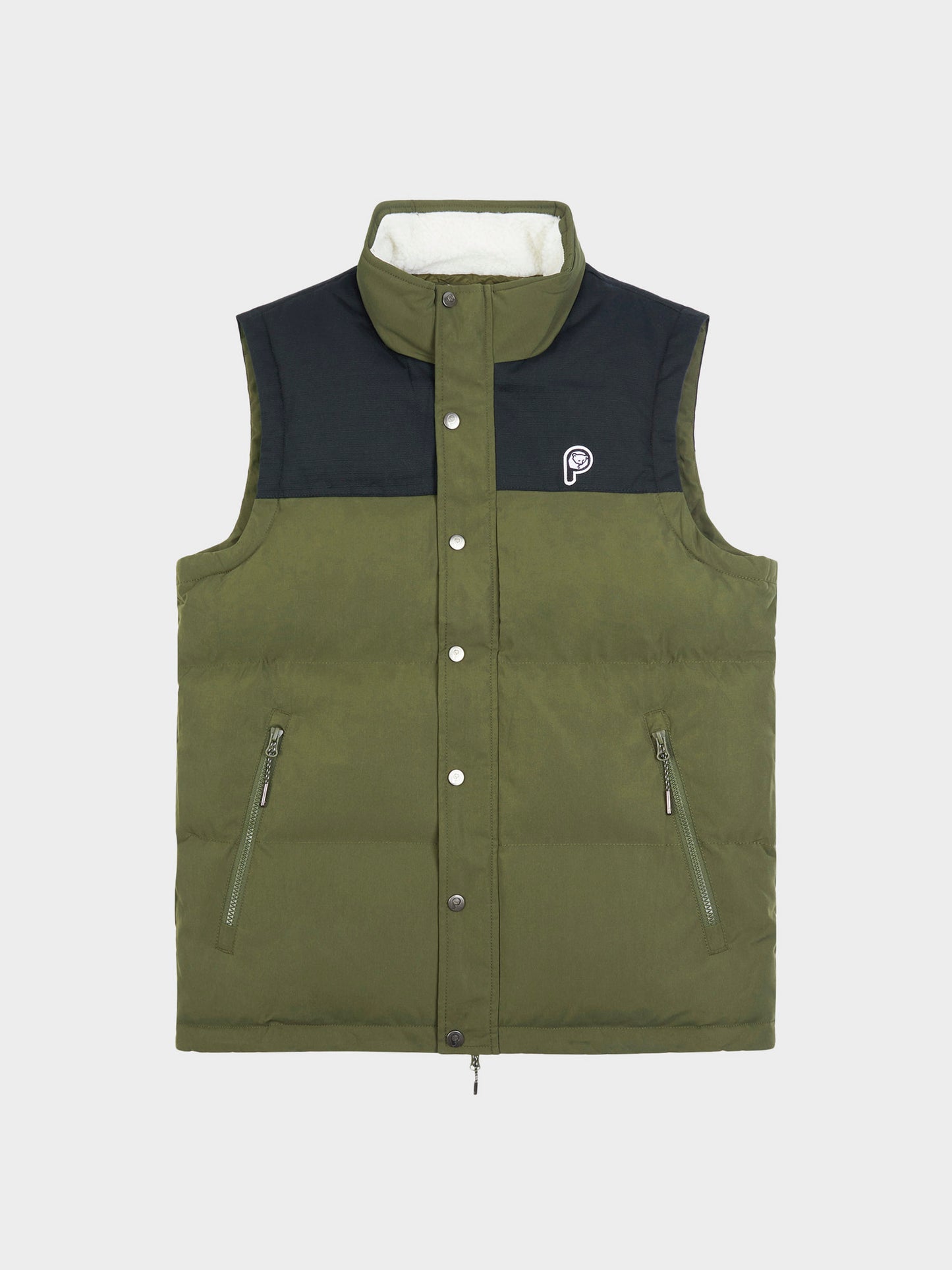 P Bear Cut + Sew Funnel Neck Puffer Vest in Forest Night