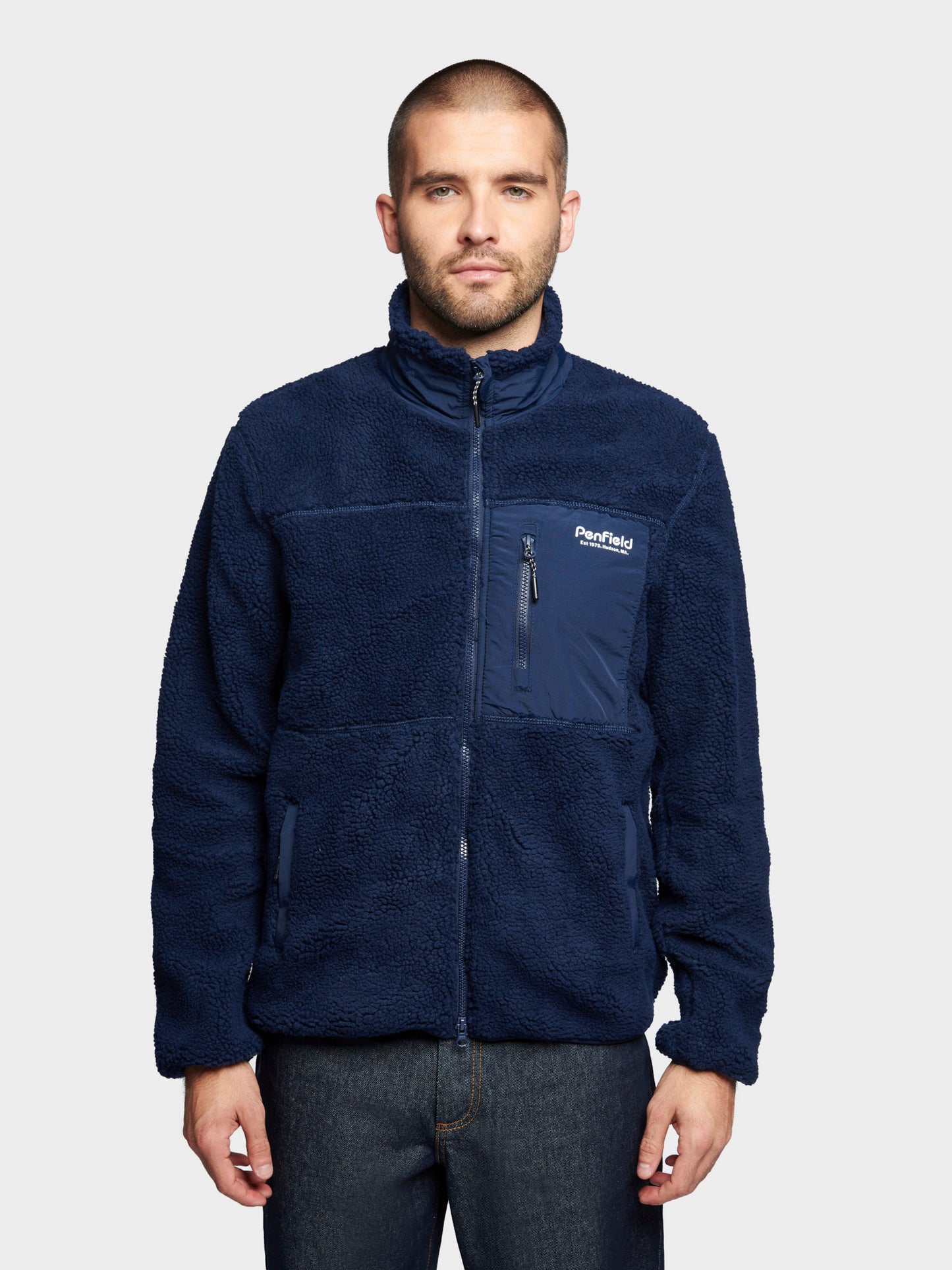 Hudson Script Borg Fleece Jacket in Navy Blue