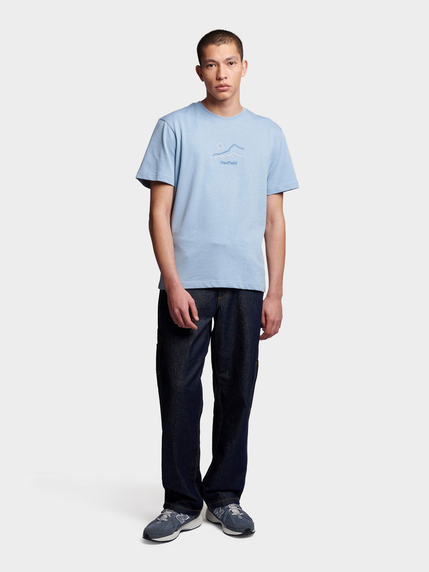 Relaxed Fit Embroidered Mountain T-Shirt in Soft Chambray