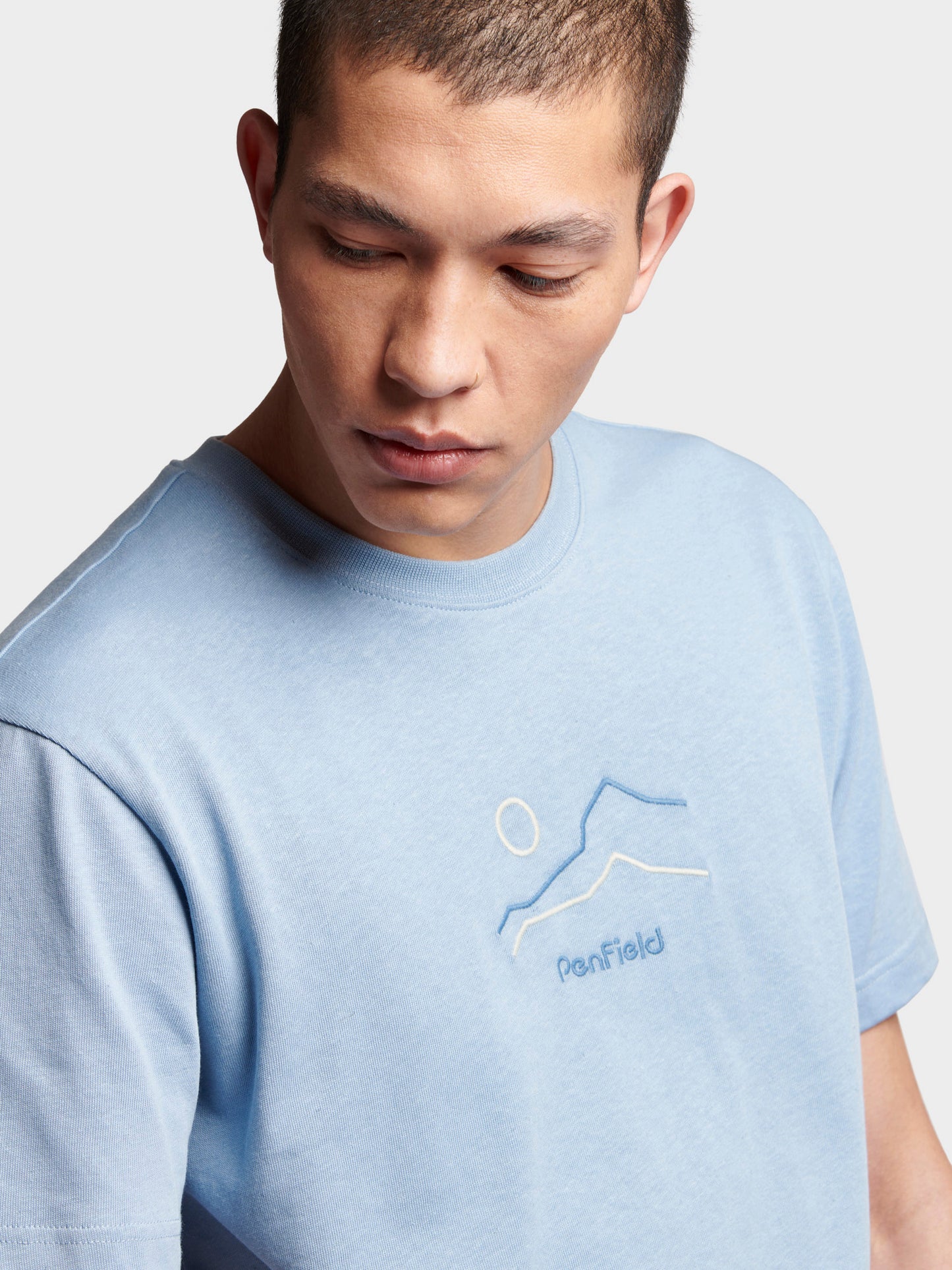 Relaxed Fit Embroidered Mountain T-Shirt in Soft Chambray